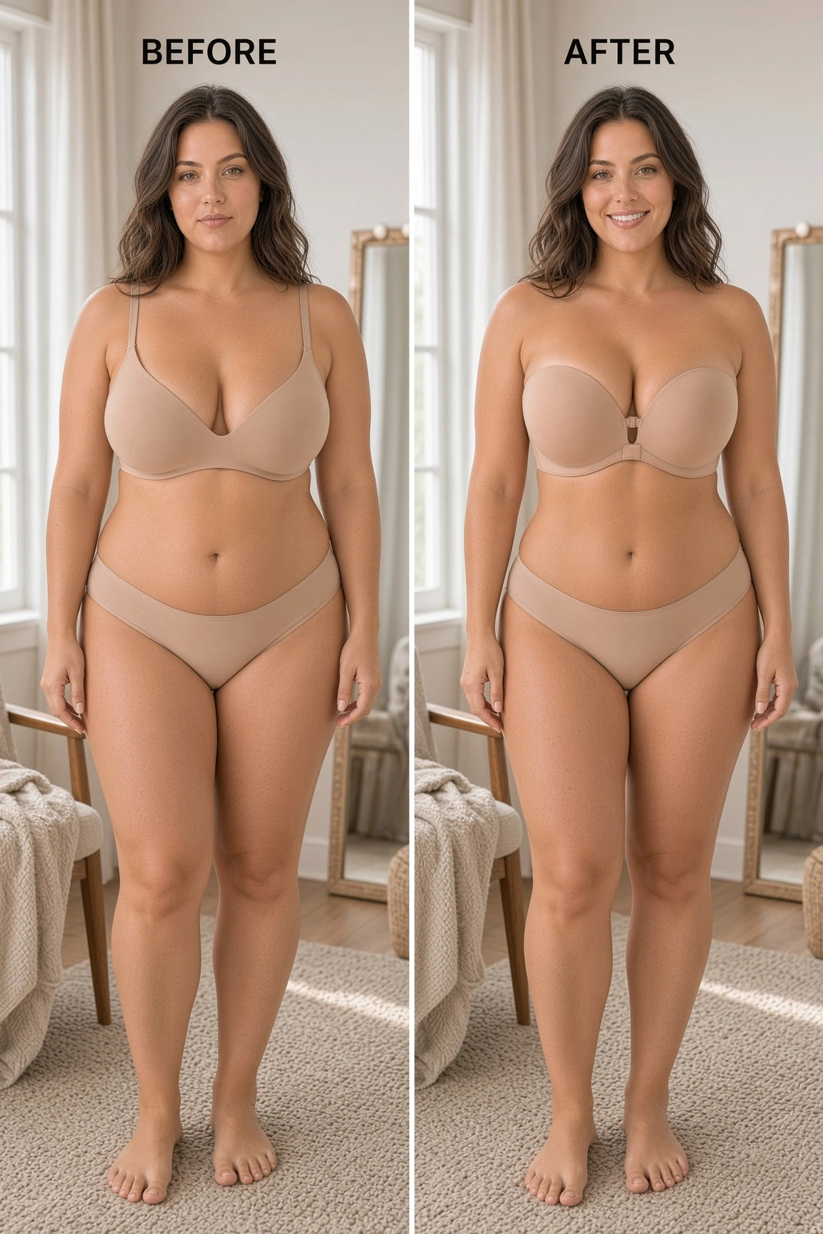 Before and after showing fuller-bust support with Velisse
