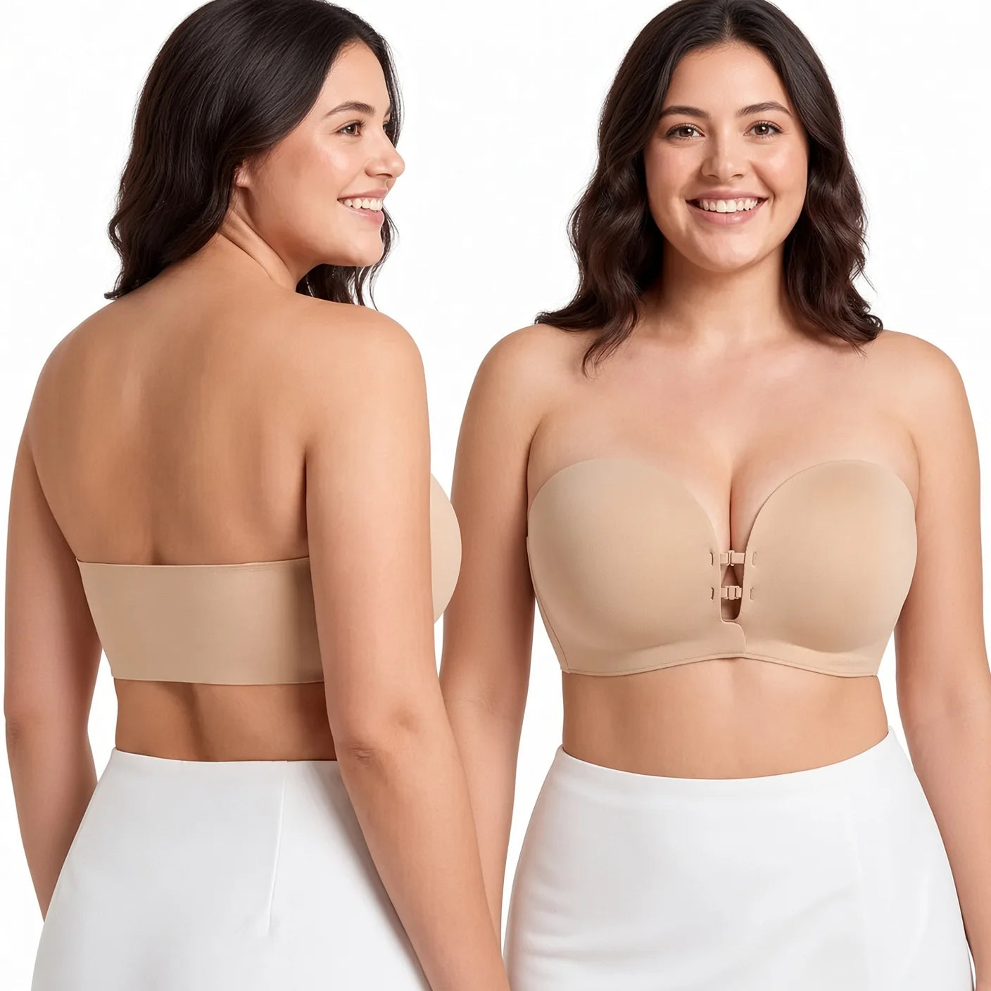 Adult fuller-bust model shown from front and back in the nude strapless bra