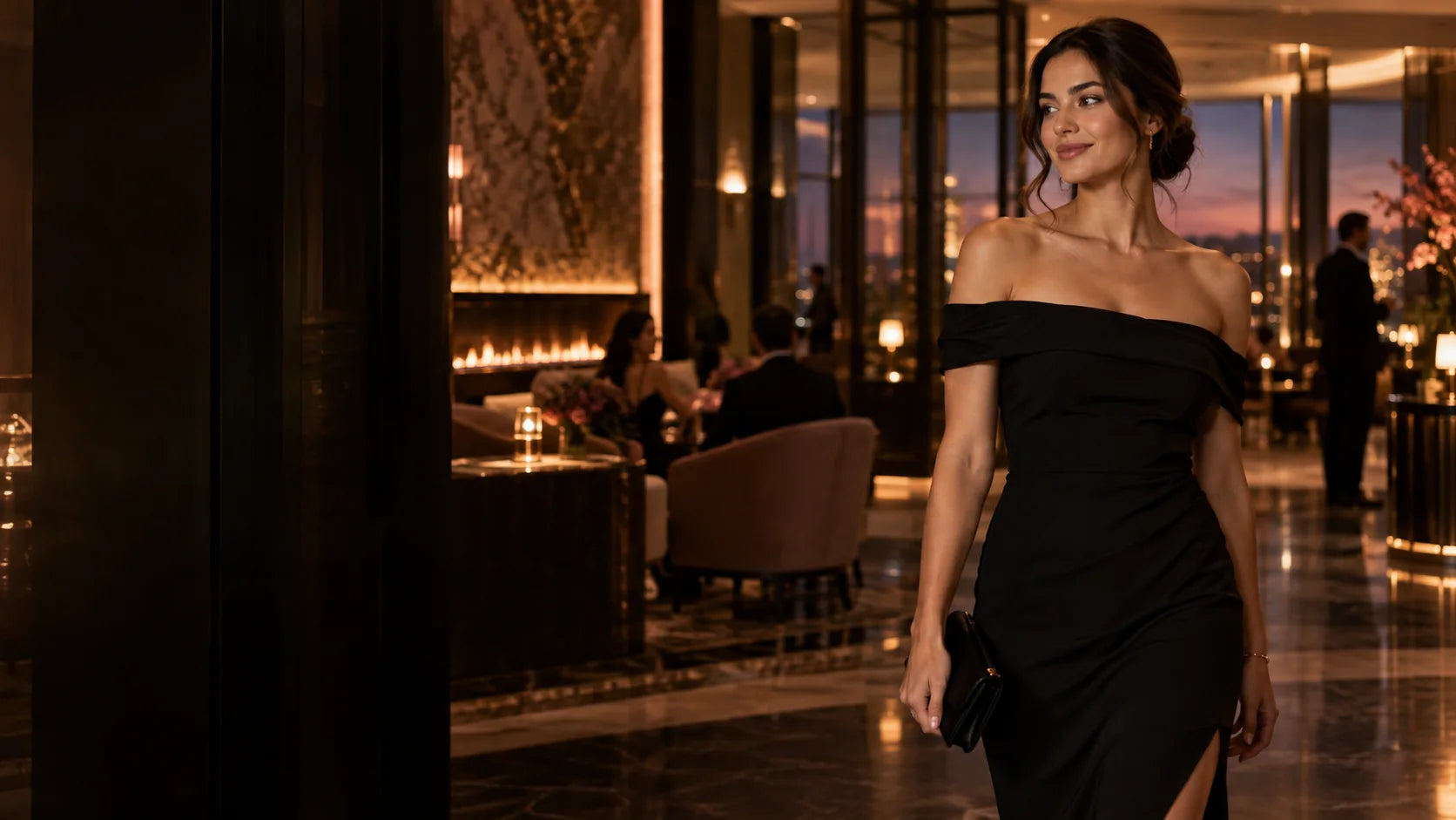 Adult woman wearing a black evening dress