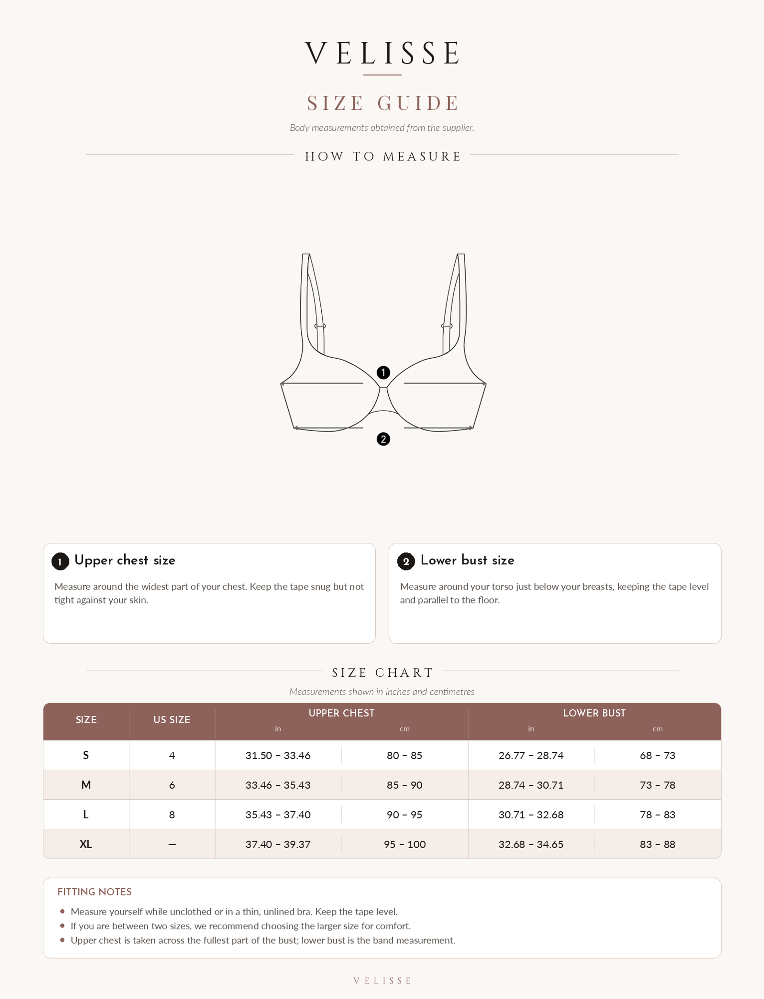 Velisse size guide with measuring instructions and size chart